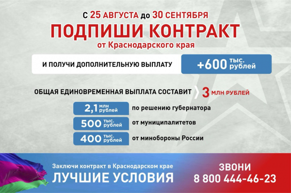 3 млн рублей получат заключившие контракт от Краснодарского края с 25 августа до 30 сентября 2025 года 3 млн рублей получат заключившие контракт от Краснодарского края с 25 августа до 30 сентября 2025 года